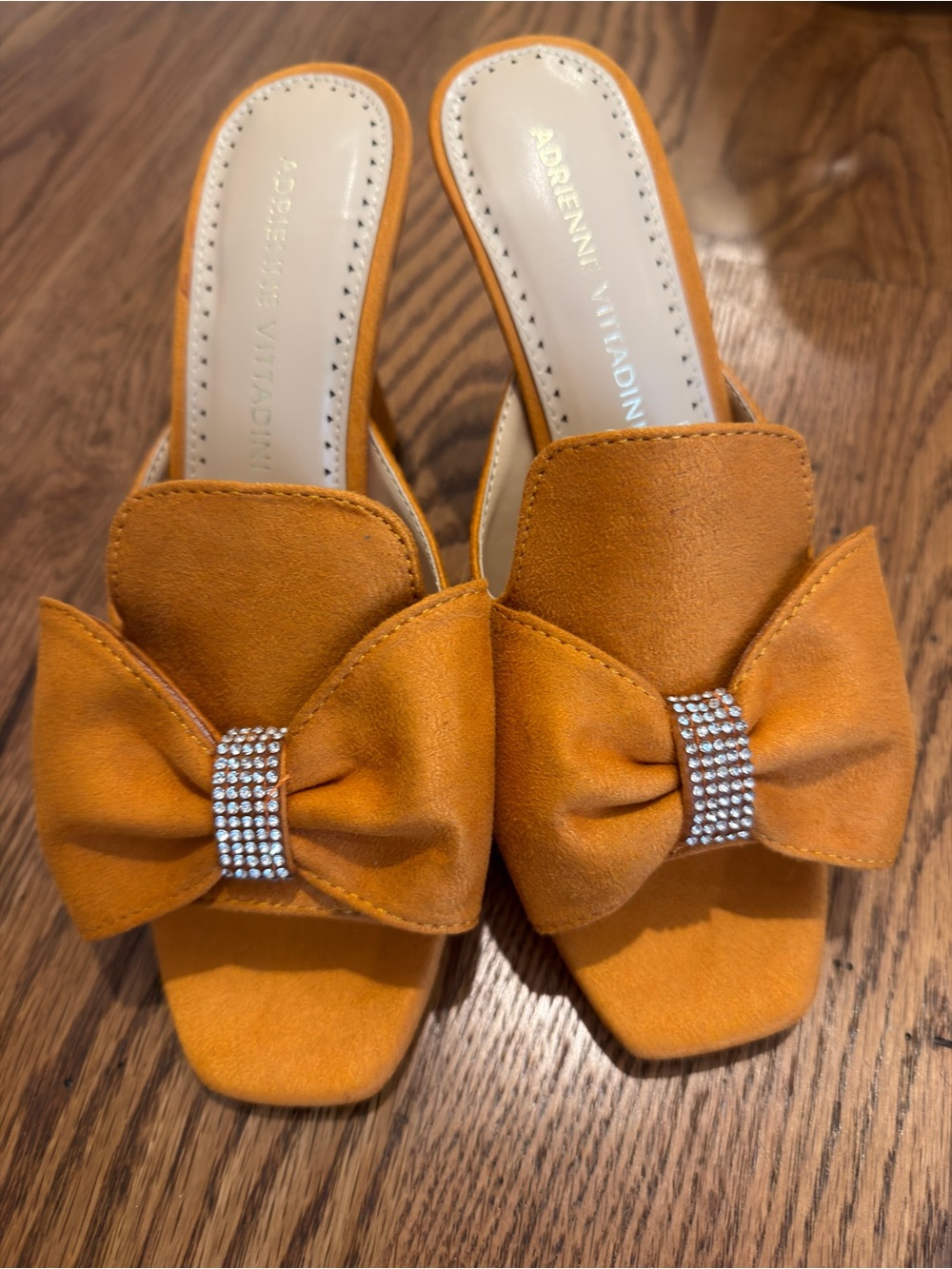 Adrienne Vittadini Orange Suede Bow Slide Mules with Rhinestone Accent